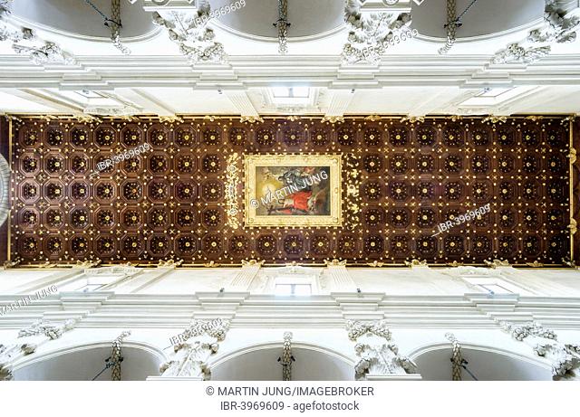 Gilded coffered ceiling with paintings of the Trinity, Lecce Baroque, Santa Croce, Lecce, Apulia, Italy