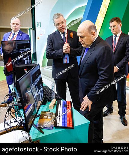 RUSSIA, MINERALNYE VODY - MAY 3, 2023: Stavropol Region Governor Vladimir Vladimirov, Russia's Prime Minister Mikhail Mishustin and Russia's Deputy Prime...