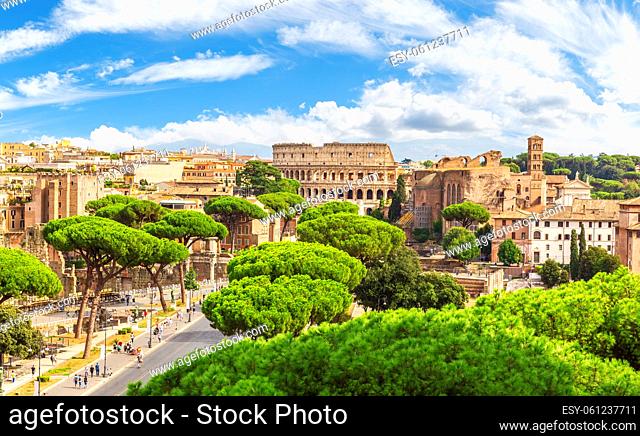 Beautiful Skyline view of Forum, Capitoline Hill, Coliseum, Rome Italy