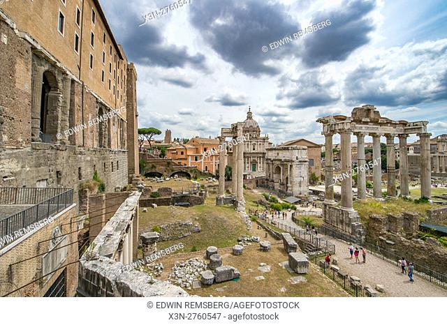 Rome, Italy- The ruins of the Roman Forum, the ancient social, political and commercial hub of the Roman Empire. This district was home to temples