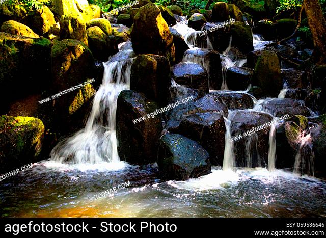 Kleiner Wasserfall im Urwald in der Nähe des Wailua River auf Kauai, Hawaii, USA. Small waterfall in the jungle near the Wailua River on Kauai, Hawaii, USA