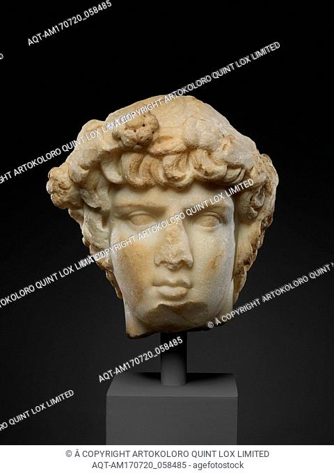 Marble portrait head of Antinoos, Late Hadrianic, ca. A.D. 130â€“138, Roman, Marble, Overall: 9 1/2 x 8 1/4 in. (24.1 x 21 cm), Stone Sculpture, Antinoos