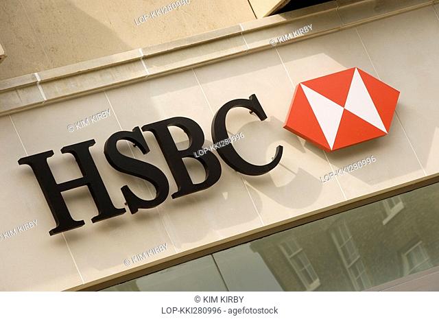England, North Yorkshire, York, An HSBC bank sign above a branch of the bank