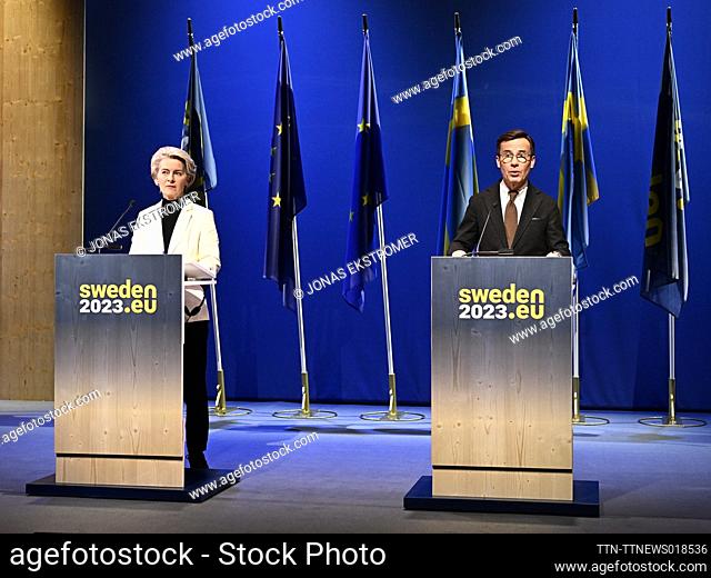 EU Commission President Ursula von der Leyen (L) and Sweden's Prime Minister Ulf Kristersson give a joint news conference in Kiruna, Sweden, on Jan
