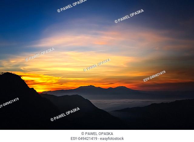Early morning after sunrise view of the spectacular Gunung Bromo and Sumeru volcanoes in Java, Indonesia