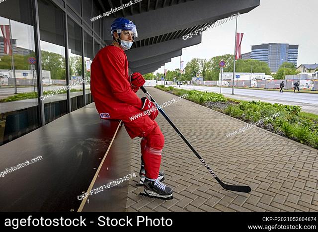 Lukas Radil of Czech Republic waits to a bus that will take him to the training hall during the 2021 IIHF Ice Hockey World Championship in Riga, Latvia, May 26