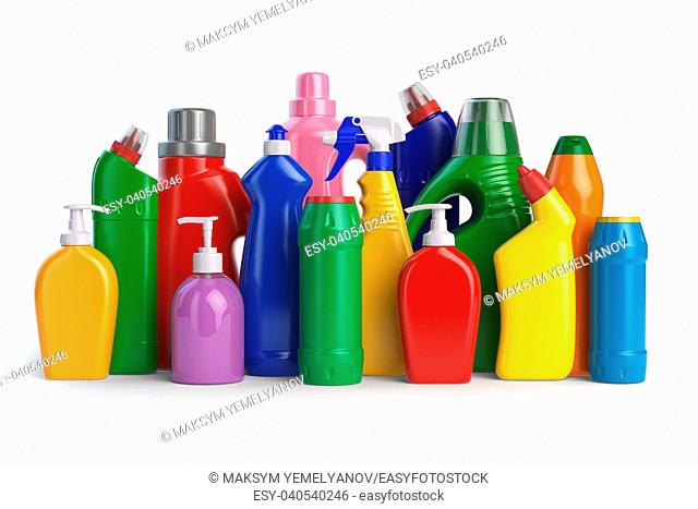 Detergent bottles or containers. Cleaning supplies isolated on white background. 3d illustration