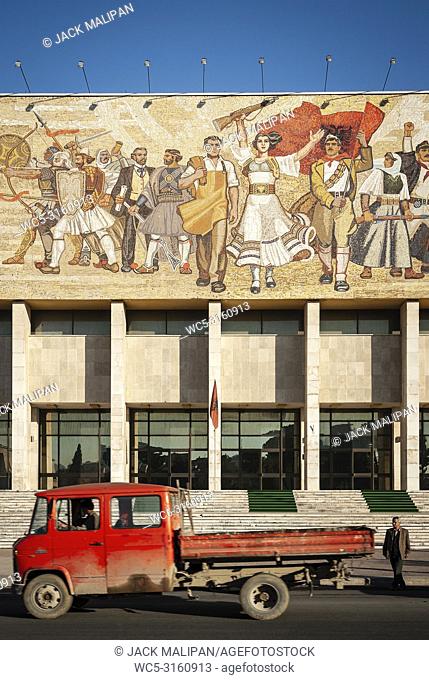 National Historical Museum landmark and famous 'The Albanians' socialist realist mosaic mural in skanderberg square of tirana albania