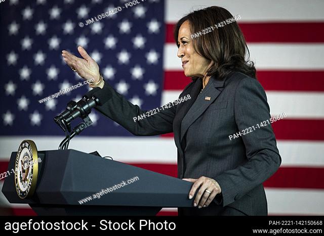 United States Vice President Kamala Harris speaks while visiting the M&T Bank Stadium Mass Vaccination Site on her 100th day in office in Baltimore, Maryland