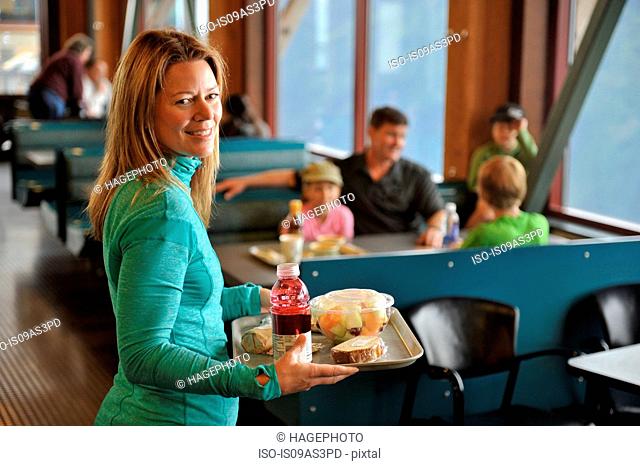 Family taking a break from hiking, Glacier Express Restaurant, Upper Tram Terminal, Alyeska Resort, Mt. Alyeska, Girdwood, Alaska, USA