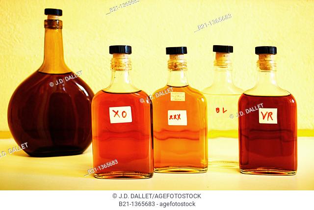 France, Midi Pyrenées, Gers, Small bottles of control at the Samalens Armagnac Estate XO, Three stars, Blanche and Very Rare Armagnacs