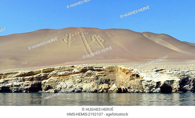 Peru, Pisco Province, Ballestas islands, boat trip across the Paracas National Reserve, the Paracas Candelabra (El Candelabro) is a geoglyph engraved on flank...