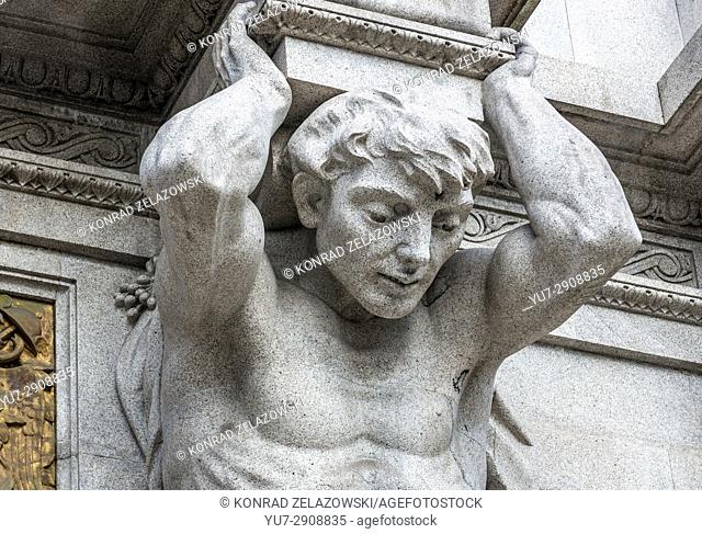 Close up on sculpture of Atlas on the front facade of City Hall of Porto city on Iberian Peninsula, Portugal