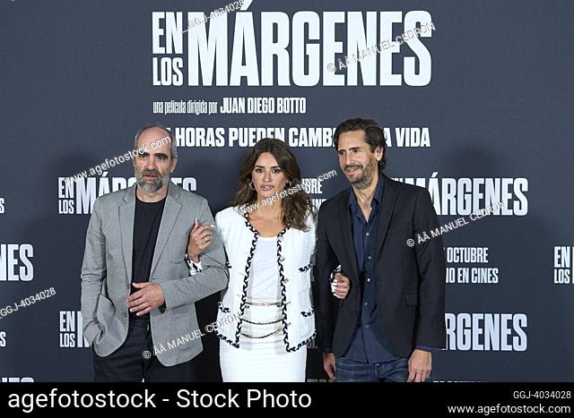 Luis Tosar, Penelope Cruz, Juan Diego Botto attends 'On the Fringe (En los margenes)' Photocall at Hyatt Regency Hesperia Hotel on October 3, 2022 in Madrid