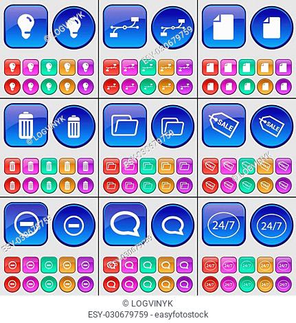 Light bulb, Connection, File, Trash can, Folder, Sale, Minus, Chat bubble, 14/7. A large set of multi-colored buttons. Vector illustration