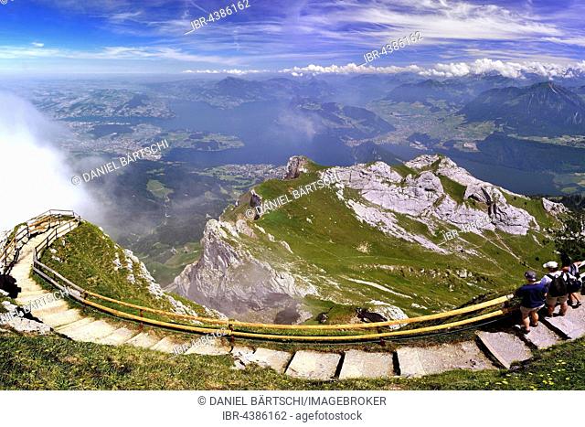 View from Pilatus mountain to Lake Lucerne and Central Swiss Alps, boundary region Nidwalden Obwalden and Lucerne, Switzerland