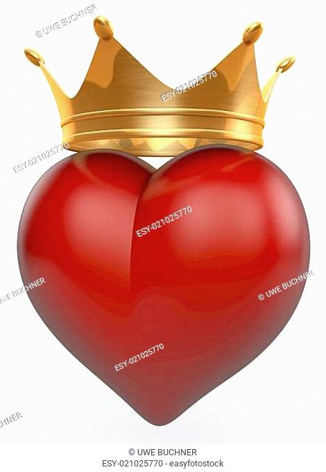 Golden, shiny crown on top of a red heart, 3d rendering on white background