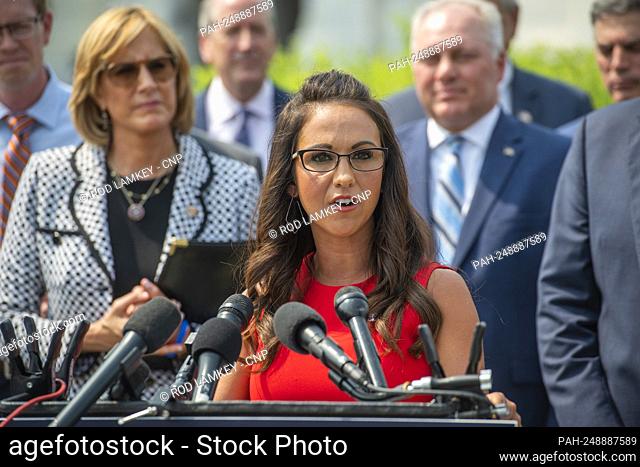United States Representative Lauren Boebert (Republican of Colorado) offers remarks during a press conference regarding an Amicus Brief urging the Supreme Court...