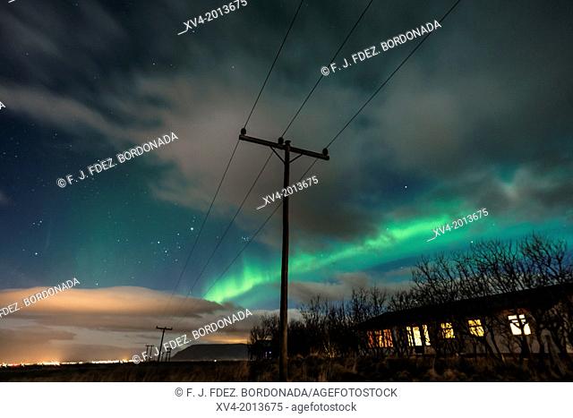 Aurora Borealis or Northern lights in winter. Selfoss area. Southern Iceland