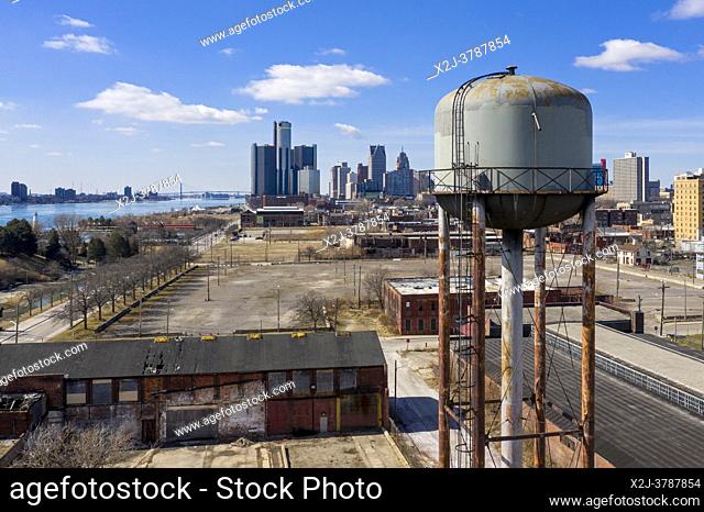 Detroit, Michigan - A water tower in what was formerly a warehouse and industrial area on Detroit's east riverfront. In recent years, parks, housing