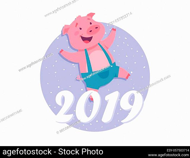 Happy New Year 2019 - modern cartoon character illustration on white background. An image of a happy pig wearing jumpsuit, skipping