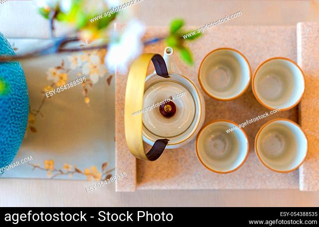 elegance japanese style tea set on table in modern living room