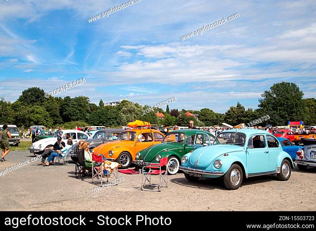 Celle, Germany - August 7, 2016: People and several Volkswagen Kaefer at the annual Kaefer Meeting