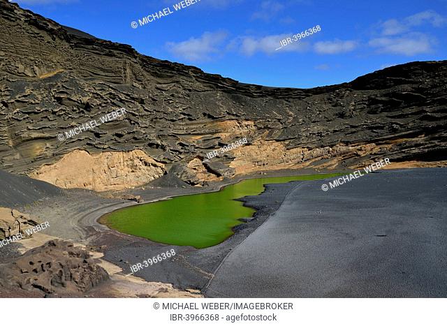 Green lagoon, volcanic lake discolored by green algae, lava beach, Charco de los Clicos in El Golfo, Lanzarote, Canary Islands, Spain