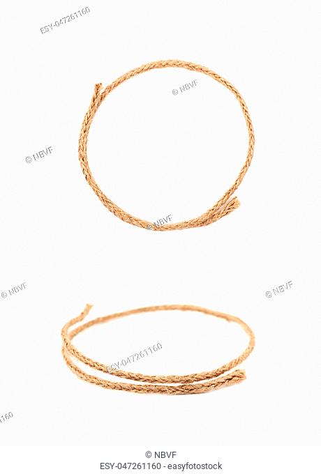 Round circle made of linen rope string isolated over the white background, set of two different foreshortenings