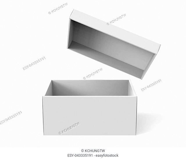 3d rendering blank open paper box with floating lid for design use, isolated white background, elevated view