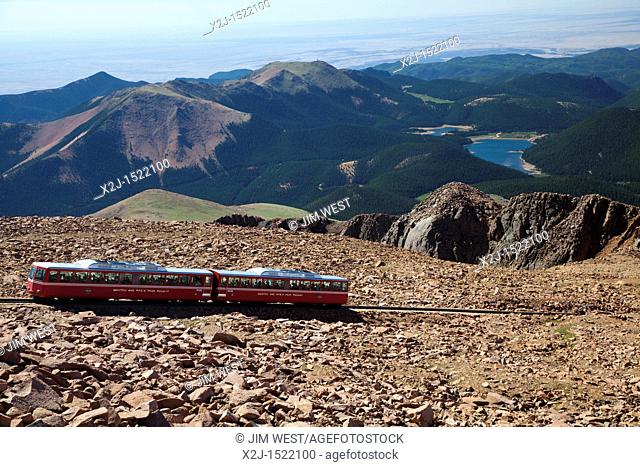 Colorado Springs, Colorado - The Manitou and Pikes Peak Railway near the summit of Pikes Peak  The cog railway takes tourists to the top of the 14