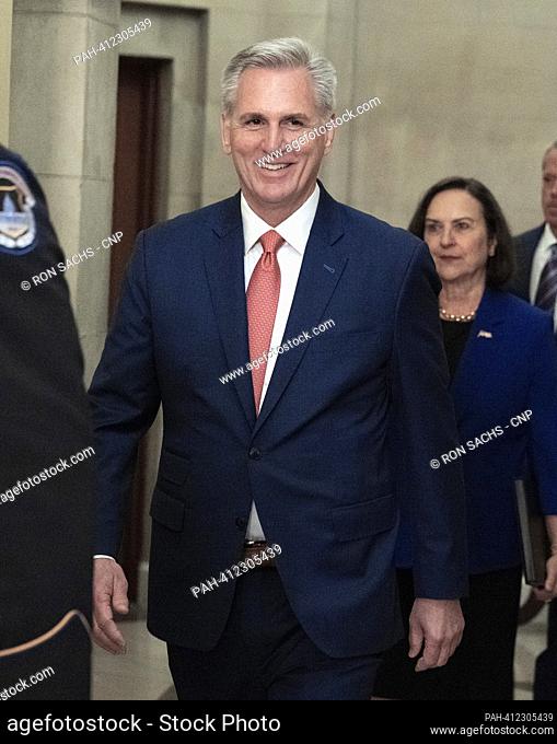 Speaker of the United States House of Representatives Kevin McCarthy (Republican of California) smiles as he exits his office to attend the ceremony to dedicate...