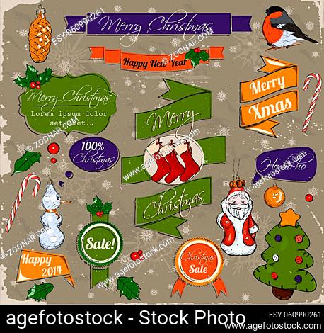 Set of Christmas design elements in red, green and gold. Vector illustration EPS10