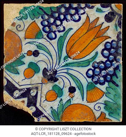 Tile, blue, green, orange and brown on white, star tulip with quarter rosette, bunches of grapes and orange-apples, wall tile tile visualization earth discovery...