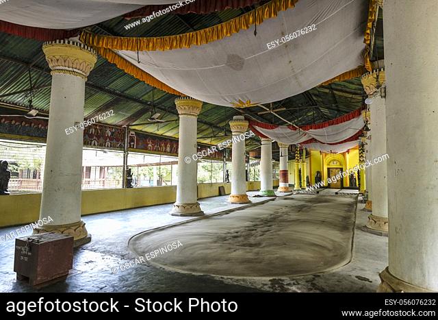 Majuli Island, India - November 2020: Interior of the temple of the Garamur Satra in Majuli Island on November 20, 2020 in Assam, India