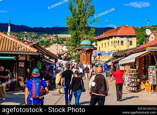 Street view of Bascarsija, the old bazaar and the cultural center of Sarajevo in Bosnia and Herzegovina