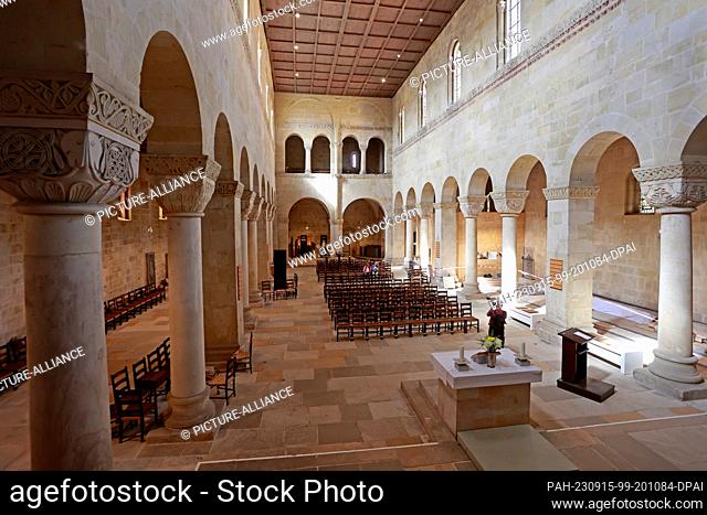 14 September 2023, Saxony-Anhalt, Quedlinburg: View of the collegiate church in Quedlinburg with its supporting columns. Parts of the Quedlinburg cathedral...