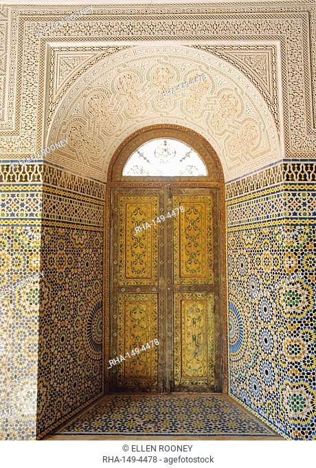 Painted window and tiles, the Glaoui Kasbah, Telouet, High Atlas, Morocco
