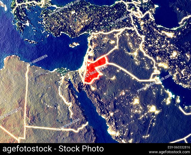 Jordan from space on Earth at night. Very fine detail of the plastic planet surface with bright city lights. 3D illustration