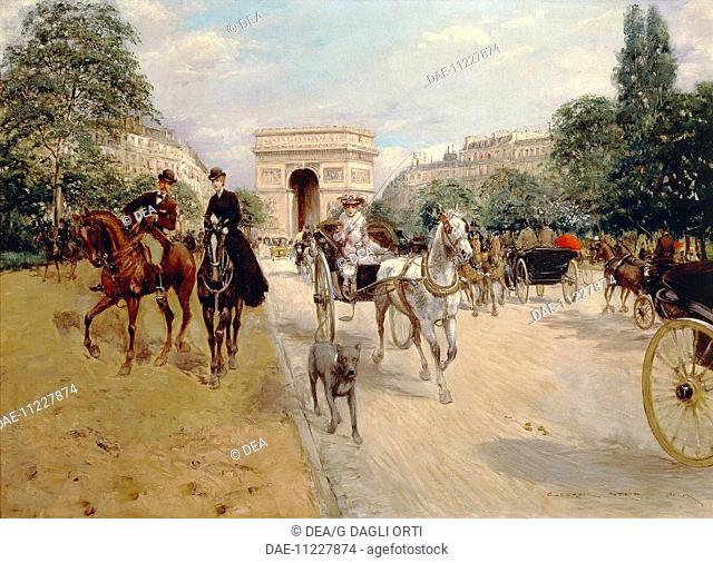 Riders and coaches on Bois de Boulogne Avenue in Paris with the Arc de Triomphe in the background, by Georges Stein (1818-1890), France 19th Century