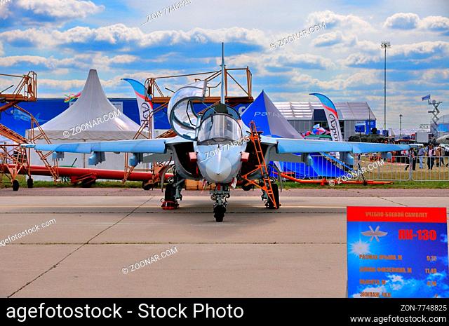 MOSCOW, RUSSIA - AUG 2015: attack aircraft Yak-130 Mitten presented at the 12th MAKS-2015 International Aviation and Space Show on August 28, 2015 in Moscow