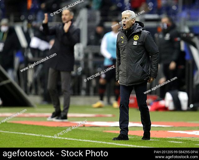 05 December 2020, Frankfurt/Main: Football: Bundesliga, Eintracht Frankfurt - Borussia Dortmund, 10th matchday: Dortmund coach Lucien Favre gives instructions