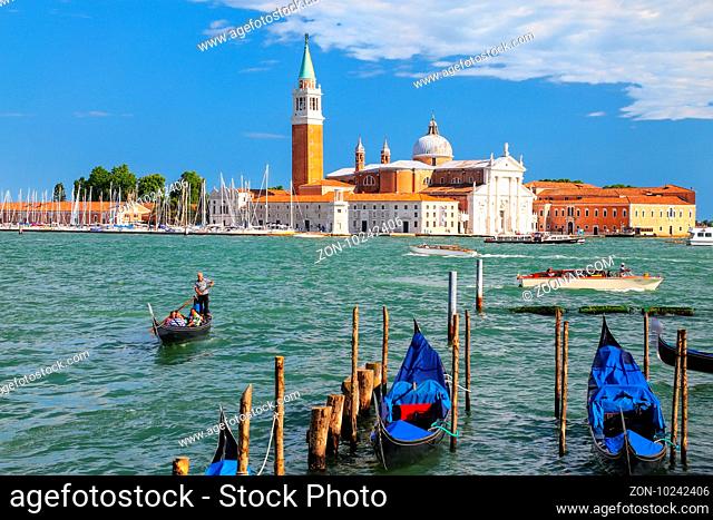 San Giorgio Maggiore island seen from San Marco square in Venice, Italy. Venice is situated across a group of 117 small islands that are separated by canals and...
