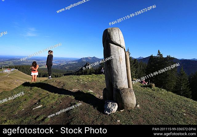 14 November 2020, Bavaria, Rettenberg: Hikers can enjoy the view from the two-meter-high wooden penis sculpture on the ridge of the Grünten