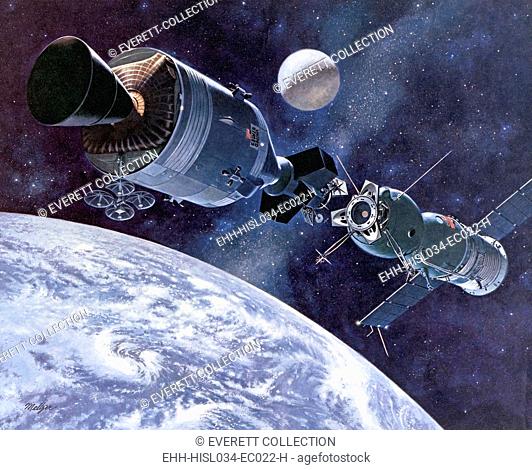 Painting of Apollo-Soyuz Test Project, the first international docking of the US's Apollo capsule and the USSR's Soyuz spacecraft in space
