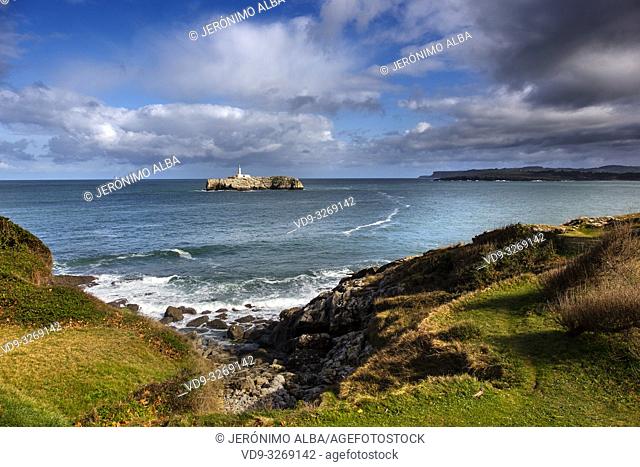 Mouro island and lighthouse from Peninsula de la Magdalena. Santander coast and Cantabrian Sea. Cantabria, Spain. Europe