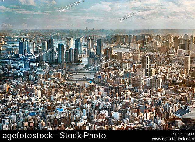 Aerial view of Tokyo, Japan with mist in the air