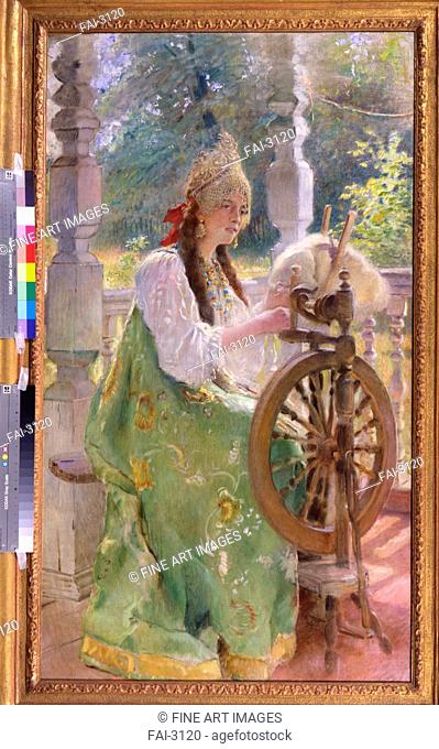 At the Spinning wheel. Makovsky, Konstantin Yegorovich (1839-1915). Oil on canvas. Russian Painting of 19th cen. . End 1890s