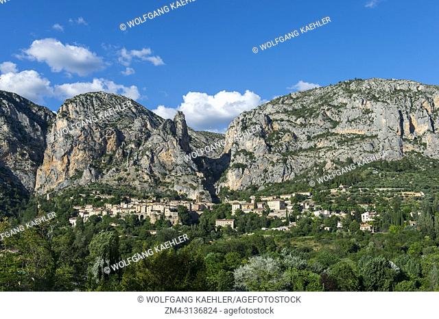View of Moustiers-Sainte-Marie, a medieval village in Alpes-de-Haute-Provence region in southern France