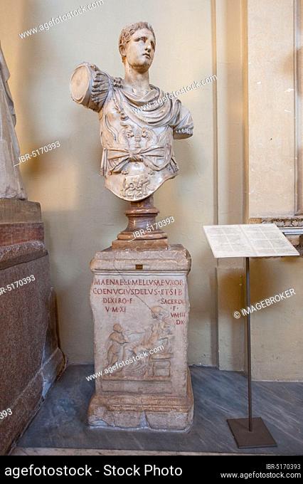 Roman marble bust on stele, Museum Chiaramonti, Vatican Museums, Vatican, Rome, Lazio, Italy, Europe, Vatican City, bust, busts, marble busts, Europe